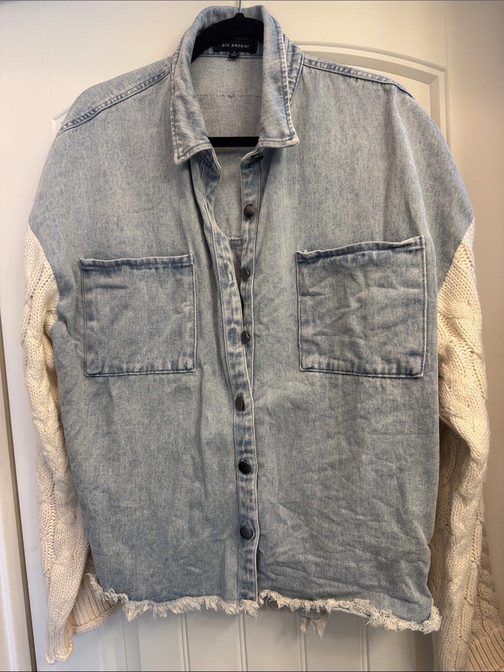 Blu Pepper Light Blue Denim Jacket with Cream Knit Sleeves, EUC, L
